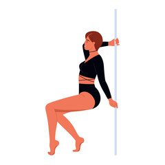 Pole dance performer. Beautiful young girl dancing on pylon. Pole dancing, fitness and sport lifestyle. Vector illustration in cartoon style. Isolated white background.