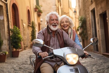 Fototapeta na wymiar Happy senior couple riding a scooter in the street