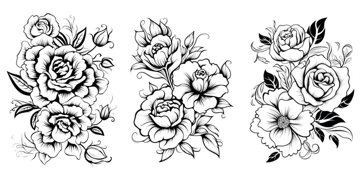 Rose black and white tattoo vector on white background