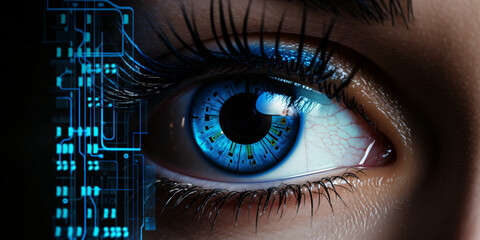 Close up of  woman's eye. Technology concept created with AI 