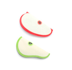 Sticky notes in shape of fruits on white background