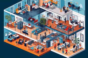 illustration of the office world with people working in the office