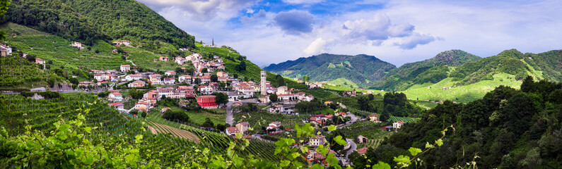 famous wine region in Treviso, Italy.  Valdobbiadene  hills and vineyards on the famous prosecco wine route - 630482690