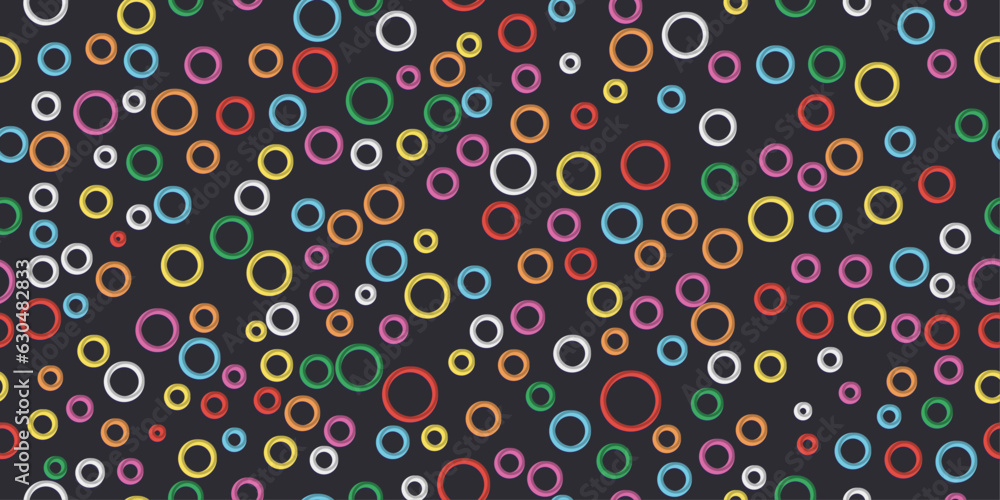 Poster Colored rings on a dark background. Vector pattern with colorful rings. Seamless pattern print for textiles, pillows, clothes, background, packaging, notepads.