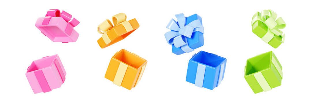 Gift box 3d render illustration set - open flying present packages.