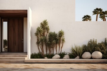 Exterior architecture with a minimal design, featuring walls and plants inspired by the Mediterranean region.