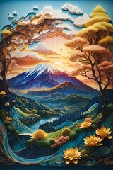 Fuji Mountain filigree paper quilling landscape wallpaper
