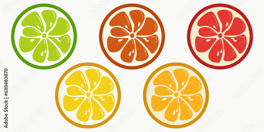 Poster Set of citrus slices. Lemon, lime, orange, grapefruit, tangerine. Seamless pattern print for textiles, pillows, clothes, background, packaging, notepads.