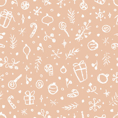 Vector seamless pattern with hand drawn elements, chalk texture. Cute design for Christmas wrappings, textile and backgrounds.