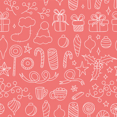 Vector seamless pattern with hand drawn elements. Cute design for Christmas wrappings, textile, wallpaper and backgrounds.