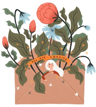 Illustration of woman in an envelope with flowers