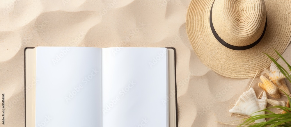Poster flat lay with copy space featuring a blank writing book with summer beach accessories in the backgro