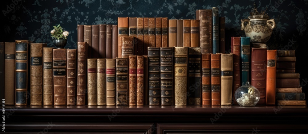 Poster Vintage books are displayed on a dark background shelf, allowing for copy space.
