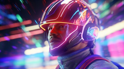 A futuristic man looks anxiously in a neon-colored cityscape. 
