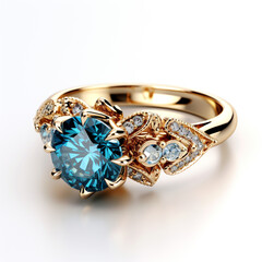 golden blue diamond engagement ring on a monocolor white background made with AI generative technology