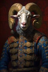 Simulation of a classic oil painting of a goat wearing military clothing in renaissance style