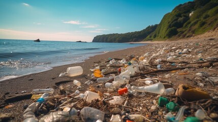Fototapeta na wymiar Garbage on ocean's shore, environment pollution