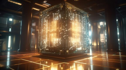 A quantum computer powered on in a fictional compute facility.