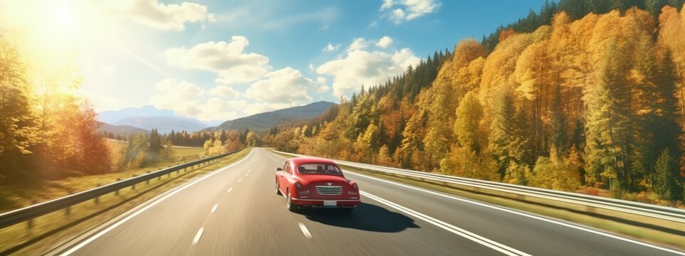 A vintage red sports car drives along the highway past an autumn forest.