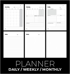 Vector planner pages templates, daily, weekly, monthly minimal design, black & white color - obrazy, fototapety, plakaty