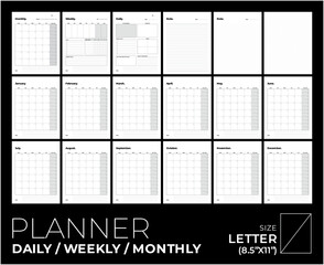 Vector planner pages templates, daily, weekly, monthly minimal design, black & white color
