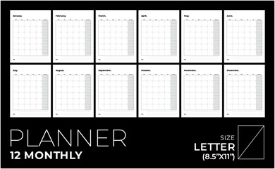 Vector planner pages templates, daily, weekly, monthly minimal design, black & white color