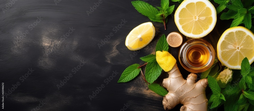 Poster ingredients for a ginger drink with lemon, honey, and lemon balm, a healthy food to enhance your imm