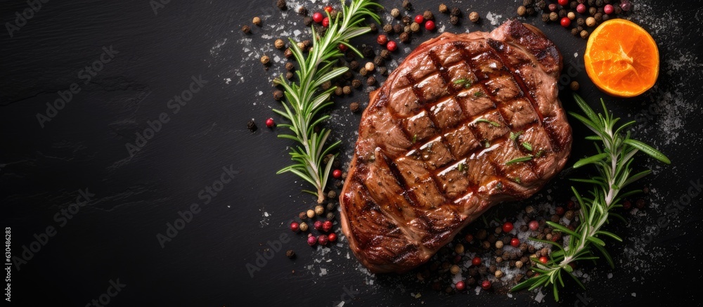 Poster grilled ribeye beef steak with herbs and spices, seen from above with space for your text.