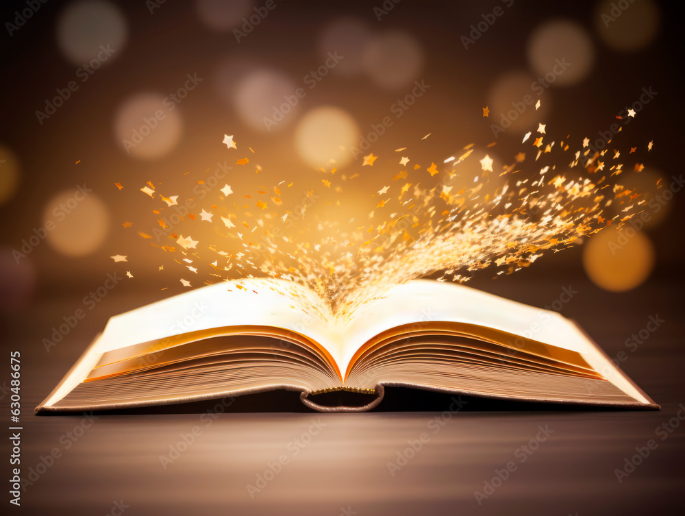 Poster Open book with flying pages and bokeh lights on the background. Generative AI