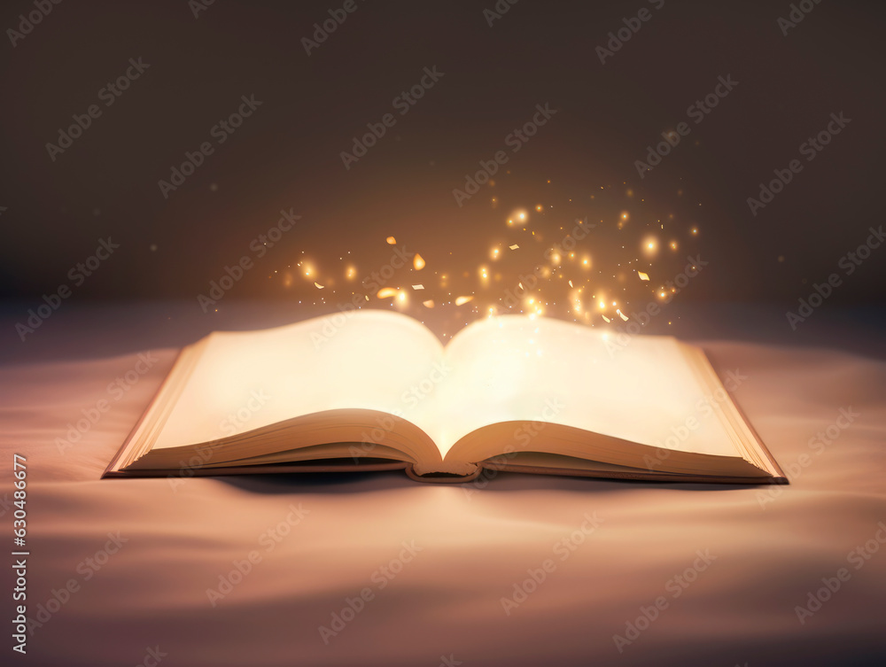 Poster Open book with magic light and bokeh. Generative AI
