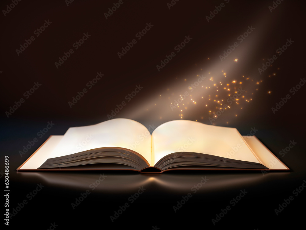 Poster Open book with rays of light on dark background. Generative AI