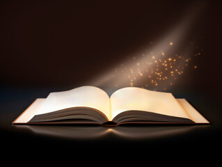 Open book with rays of light on dark background. Generative AI