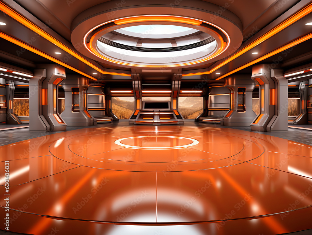 Poster futuristic space station with orange walls and floor. generative ai