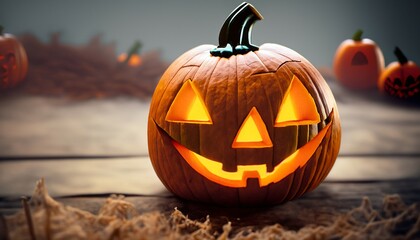 Halloween pumpkin on a wooden table, halloween background, Generative AI