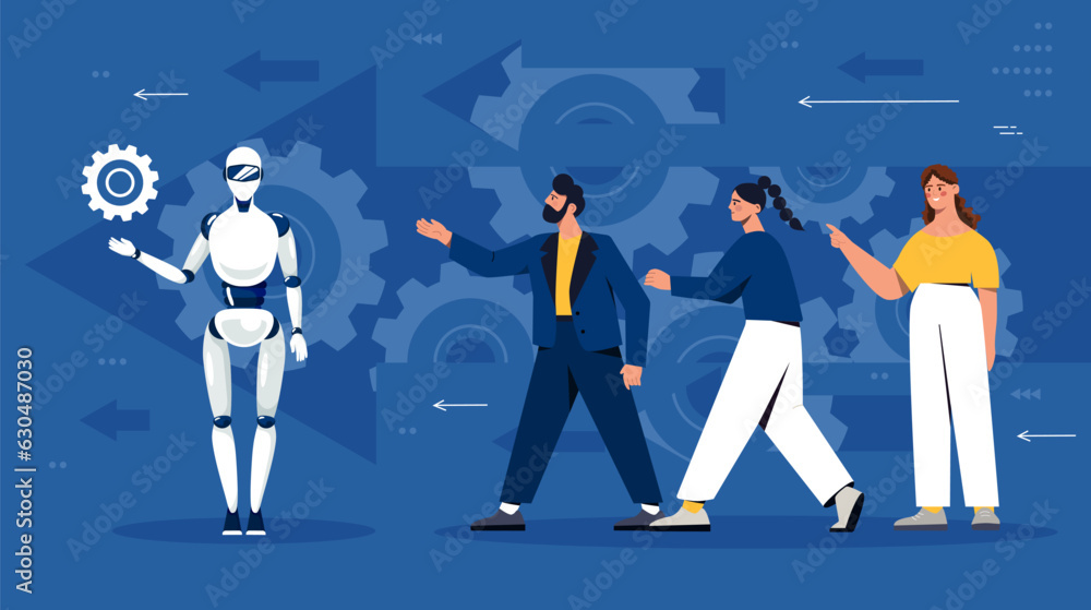 Poster people with robot progress concept. artificial intelligence and machine learning. men and woman with