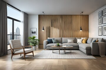 Naklejka na ściany i meble modern living room with fireplace generated by AI technology 