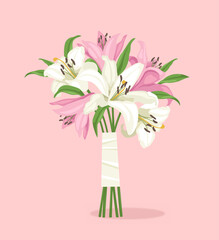 Wedding luxuroious bouquet concept. Beautiful pink flowers. Aesthetics and elegance. Sticker for social networks and messengers. Cartoon flat vector illustration isolated on pink background