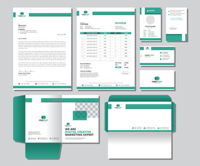 Obraz premium Corporate Brand Identity Mockup set with digital elements. Editable vector. Business card, Id card, Invoice, Letterhead, Envelope, and File Folder. 