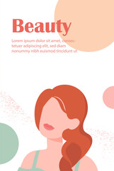 Fototapeta na wymiar Beauty portrait cover. Fashion magazine model near colorful rounds. Young beautiful woman with brown hairs. Fashion, trend and style. Booklet and flyer. Cartoon flat vector illustration