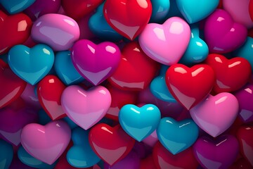 Daz3D Inspired: Heart-Shaped Balloon Delight on Red Background with Dark Teal and Light Magenta Accents