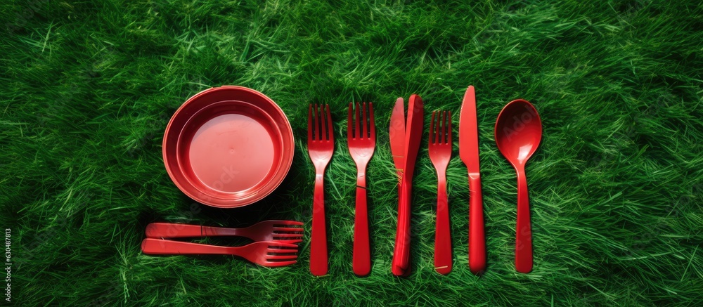 Poster plastic plates, forks, spoons, and knives that can be easily discarded. the tableware is red and pla