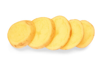 Slices of fresh raw potato on white background