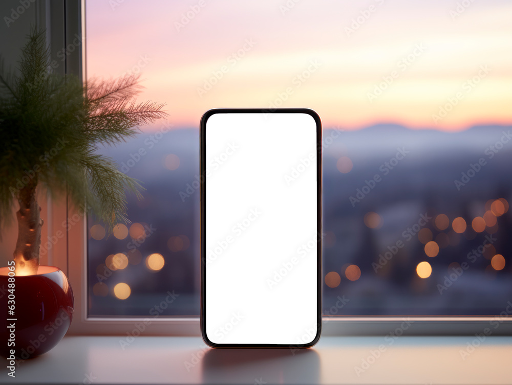 Poster smartphone with blank screen on windowsill with blurred cityscape at sunset. generative ai