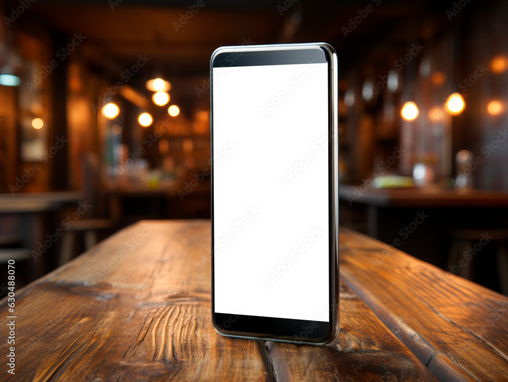 Poster mockup image of a smartphone with blank white screen on a wooden table in a pub. generative ai