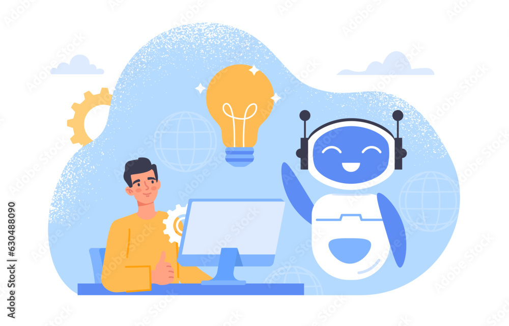 Poster man with chat bot concept. innovations and modern technologies. workplace employee with robot. machi