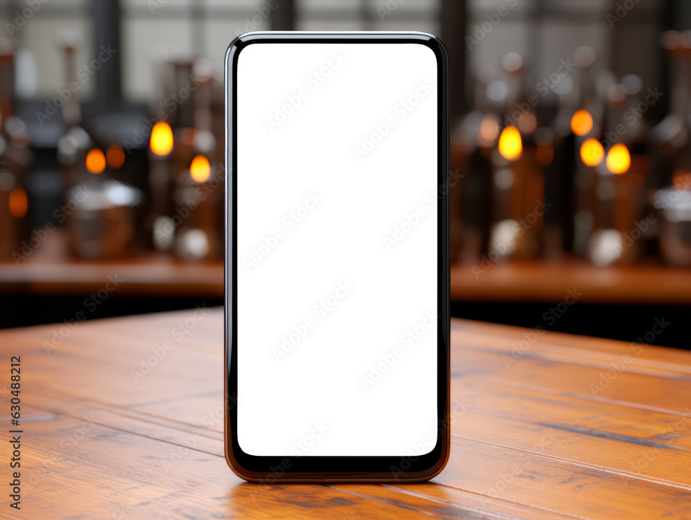 Leinwandbilder mockup image of a smartphone with a white screen on a wooden table in a cafe. generative ai
