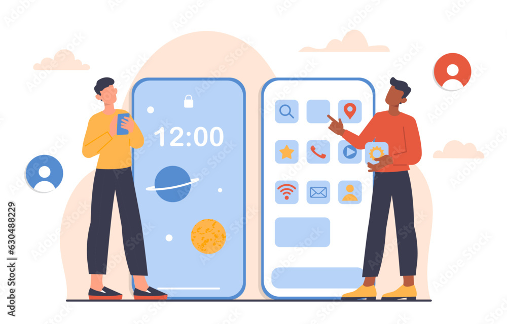 Poster managing phone interface concept. men near smartphone screen. display on gadget or device. firmware 