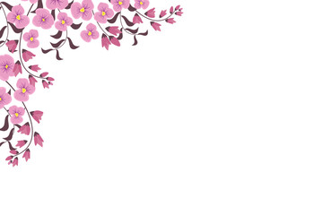 Pink floral background. Spring banner floral decoration with cute blooming flowers .border on white background.Vector horizontal banner Summer flora frame, Beautiful botanical. 