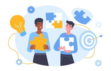 Men with project organization concept. Organization of effective process in office. Teamwork and partnership. Collaboration and cooperation. People with puzzles. Cartoon flat vector illustration