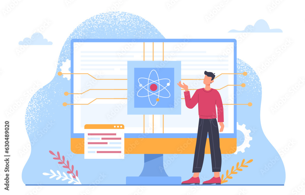 Poster man with quantum concept. young guy near computer monitor. circuit board and cpu. modern technologie